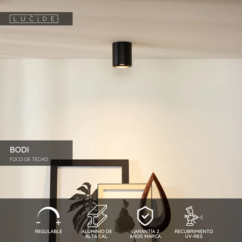 Lucide BODI - Foco de techo - Ø 8 cm - 1xGU10 - Negro - USP